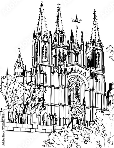 barcelona, coloring page, architecture, arch, building, corridor, stone, column, europe, ancient, arches, arcade, interior, church, abbey, old, arc, medieval, cloister, italy, light, monastery, archwa