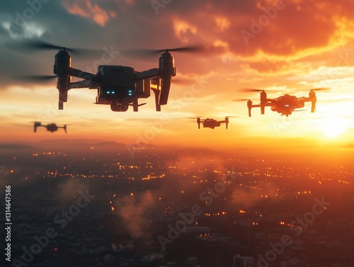 Futuristic battlefield illuminated by sunset as autonomous drones navigate through the smoky horizon. Generative AI photo