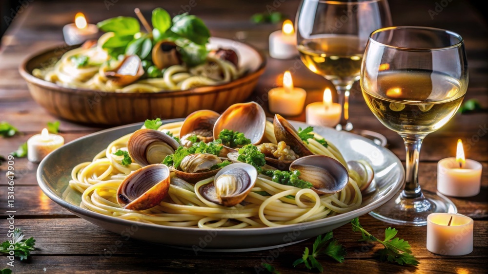 Elegant Dining Table Setup with Clams Pasta and Wine Glasses Elegant Dining Table Setup with Clams Pasta and Wine Glasses