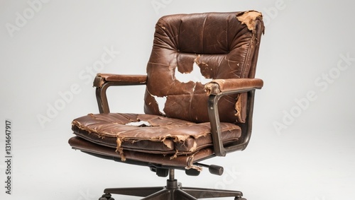 worn-out brown leather office chair with a torn top layer, isolated on a white background