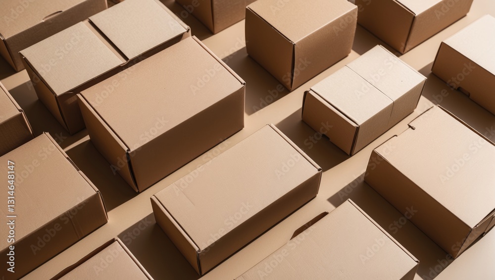 Fototapeta premium Neatly arranged brown cardboard boxes on a workspace, displaying packaging materials for shipping and storage activities.