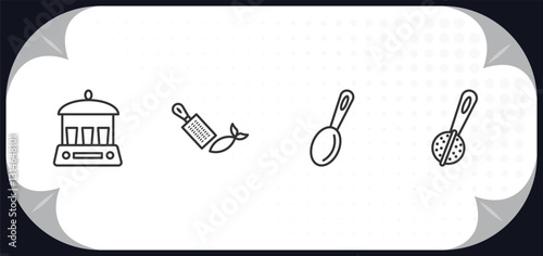 outline icons set - kitchen concept. yogurt maker, zester, tablespoon, tea infuser.