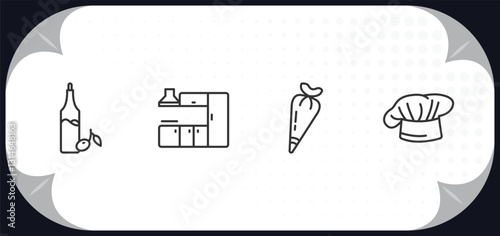 outline icons set - kitchen concept. olive oil, kitchen cabinet, pastry bag, chef hat.