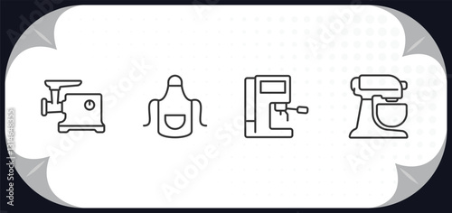 outline icons set - kitchen concept. meat grinder, apron, coffee hine, mixer.