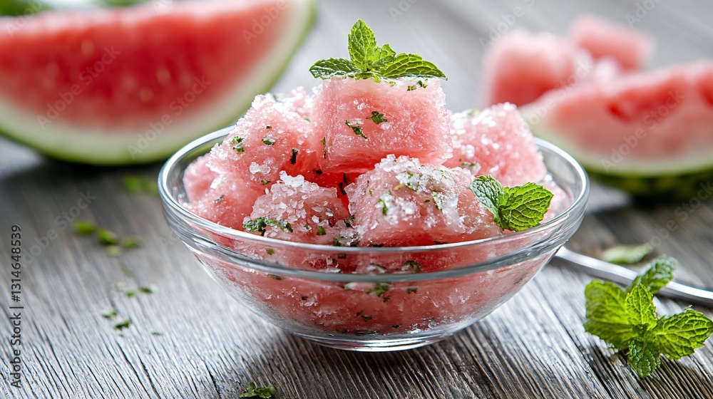 Refreshing Watermelon Cubes with Mint and Sugar Garnish on a Wooden Table Surface Refreshing Watermelon Cubes with Mint and Sugar Garnish on a Wooden Table Surface