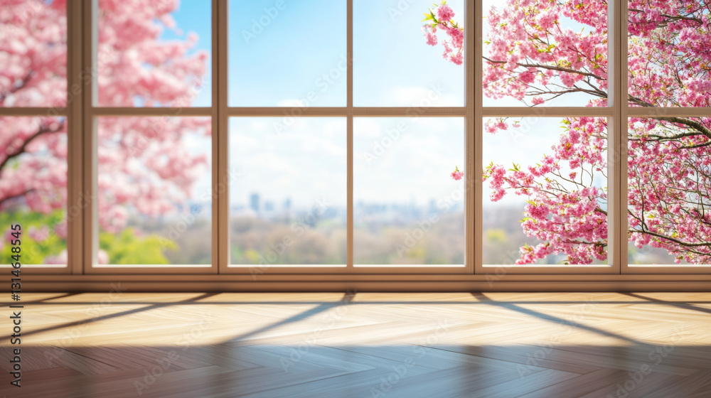 Fototapeta premium parquet floor against the background of a continuous panoramic window