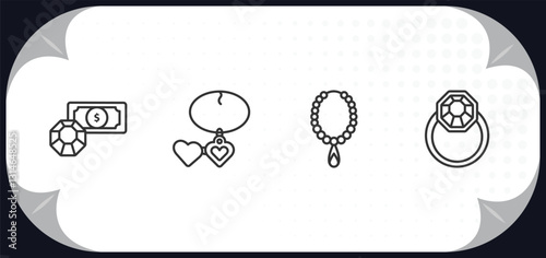 outline icons set - jewelry concept. pawn shop, locket, pearl necklace, jewelry.