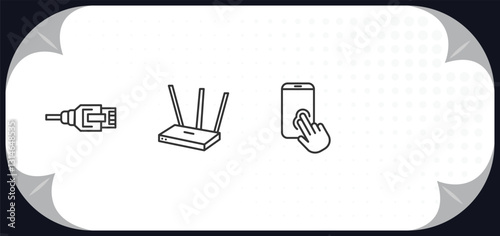 outline icons set - internet security concept. ethernet, encrypted, modem, authentication.