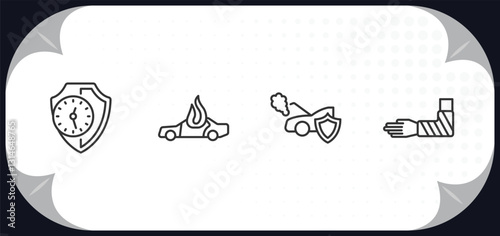 outline icons set - insurance concept. long term protection, burning car, engine problems, fracture.