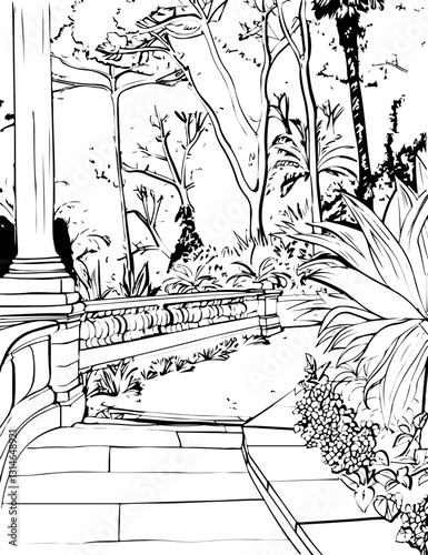 barcelona, coloring page, architecture, arch, building, corridor, stone, column, europe, ancient, arches, arcade, interior, church, abbey, old, arc, medieval, cloister, italy, light, monastery, archwa
