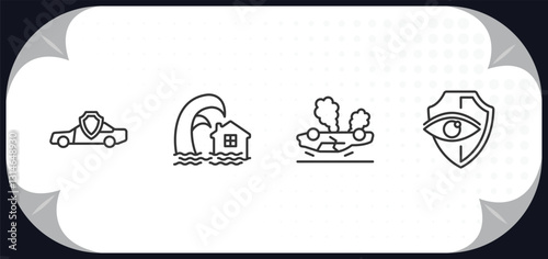 outline icons set - insurance concept. car insurance, tsunami insurance, overturned vehicle, vision