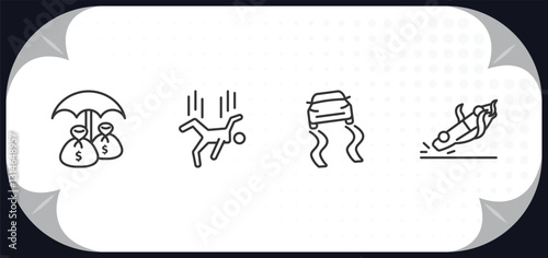 outline icons set - insurance concept. investment insurance, falling, slippery road, overturned car.