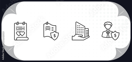 outline icons set - insurance concept. marriage contract, actual cash value, building insurance, beneficiary.