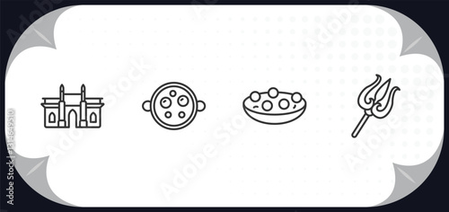 outline icons set - india concept. gate of india, malai kofta, kanji vadas, trident.