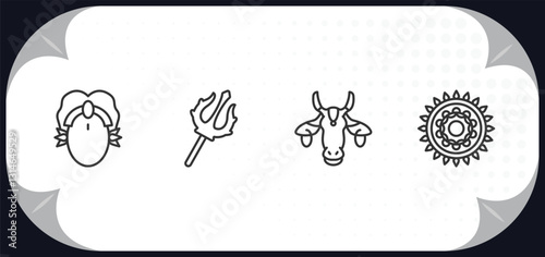 outline icons set - india concept. parvati, trisul, indian cow, rangoli.