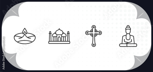 outline icons set - india concept. diwali lamp, taj mahal, gtic, buddhist.