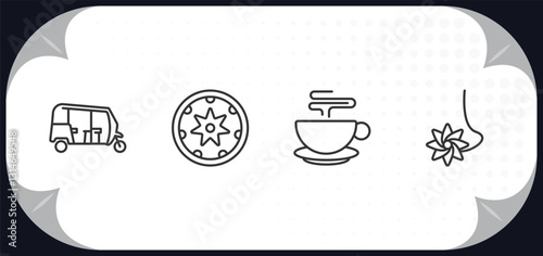 outline icons set - india concept. tuk tuk, bihu, indian tea, navratri.