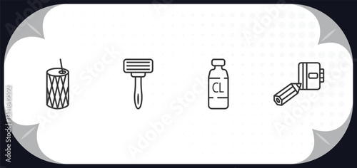 outline icons set - hygiene concept. toothpick, shaving razor, chlorine, appointment book.
