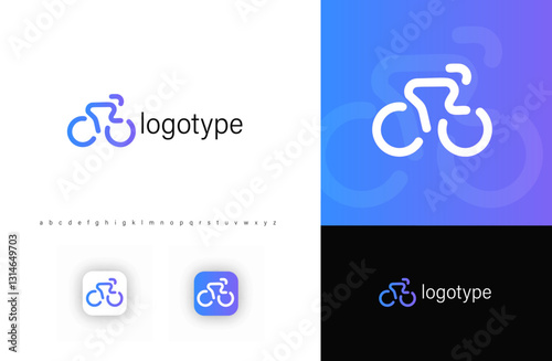 Minimalist bicycle logo with smooth lines and gradient blue-purple color. Modern abstract cycling symbol for eco-friendly transportation, mobility apps, bike shops, and sports brands. Vector logo