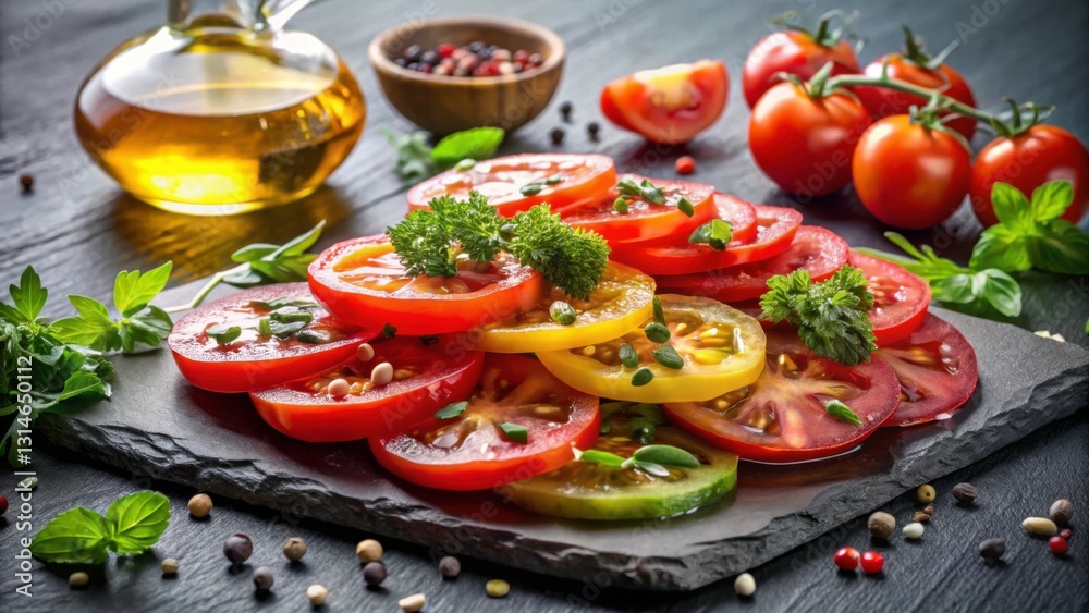 Freshly Sliced Ripe Tomatoes Drizzled with Olive Oil and Herbs Freshly Sliced Ripe Tomatoes Drizzled with Olive Oil and Herbs