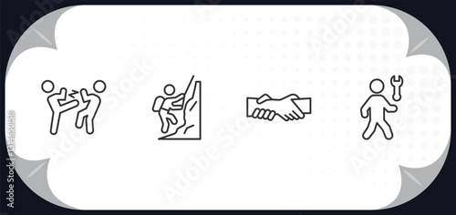 outline icons set - humans concept. fighting, mountain climb, helping, hine repair.