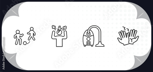 outline icons set - humans concept. playing with a ball, angry man, vacuum cleaning, high five.