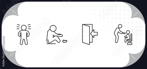 outline icons set - humans concept. proud pose, begging, come in, feeding.