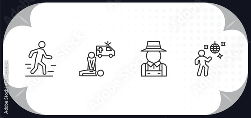 outline icons set - humans concept. walk, cpr, gardener with hat, man dancing.