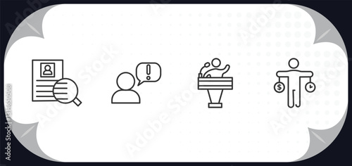 outline icons set - human resources concept. onboarding, grievance, candidate, time balance.