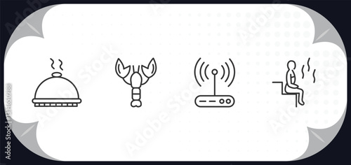 outline icons set - hotel concept. dish, lobster, free wifi, sauna.
