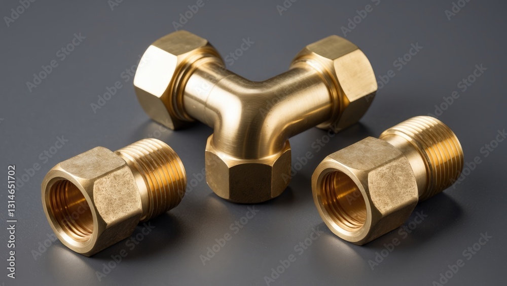 Brass plumbing compression fittings on a surface Brass plumbing compression fittings on a surface