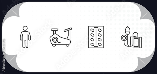 outline icons set - health and medical concept. body, stationary bike, medical strip, sphygmomanometer.