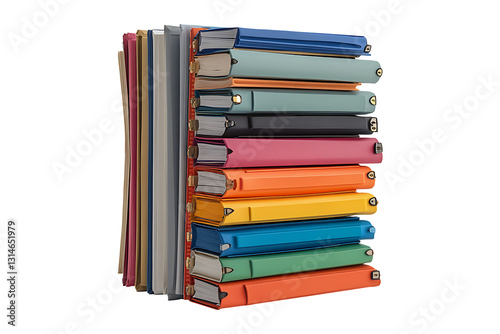 A large disorganized stack of colorful folders filled with various documents sits Isolated on White and Transparent Background PNG Image.