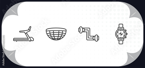 outline icons set - gym and fitness concept. training apparatus, bosu ball, arms extender, training watch.