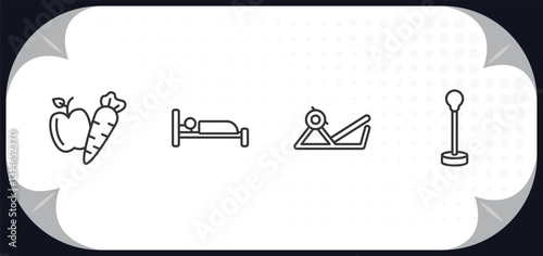 outline icons set - gym and fitness concept. carrot and, sleep, press simulator, standing punching ball.