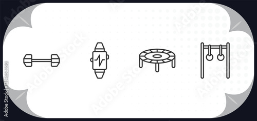 outline icons set - gym and fitness concept. dumbbells exercise, sport watch, trampoline, rings exercises.