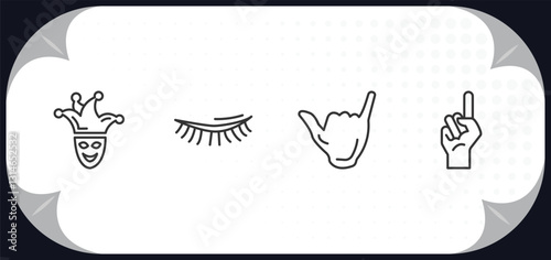 outline icons set - gestures concept. joker face, eyelid, surfing, finger up.