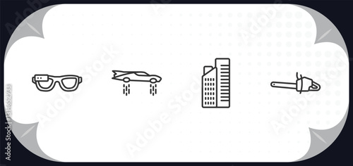 outline icons set - future technology concept. ar glasses, flying car, residential, chainsaw.