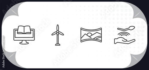 outline icons set - future technology concept. online learning, eolic energy, panoramic view, telekinesis.
