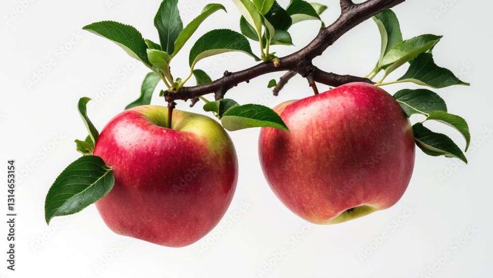 Two envy red apples hanging on a branch isolated against a white background. Two envy red apples hanging on a branch isolated against a white background.
