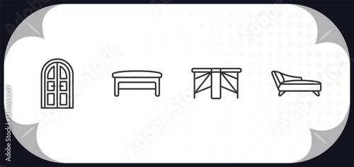outline icons set - furniture & household concept. double door, bench, gateleg table, fainting couch.