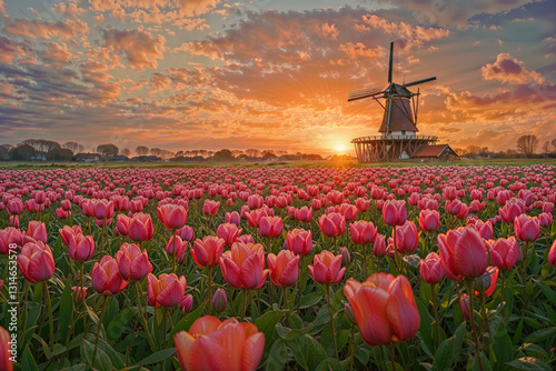 Scenic tulip field at sunrise with traditional windmill in rural Netherlands during springtime floral bloom season