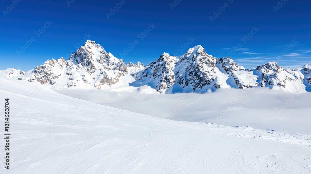 Snow Covered Mountain Peaks Above Clouds Under Blue Sky Snow Covered Mountain Peaks Above Clouds Under Blue Sky