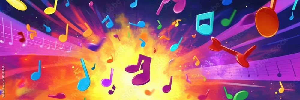 Dynamic explosion of musical notes in radiant colors Dynamic explosion of musical notes in radiant colors