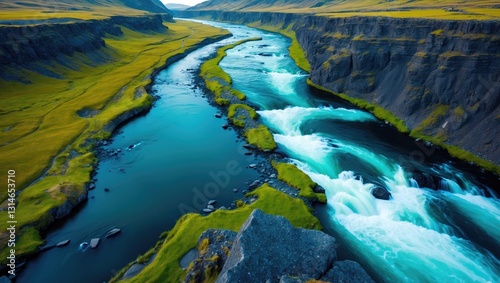 Icelandic river observed from above and the side. Breathtaking natural landscape.