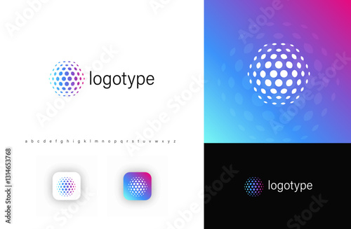 Futuristic sphere made of dotted patterns symbolizing digital networks, AI innovation. Represents technology, global connectivity, big data. Ideal for tech software, cybersecurity. Vector logo