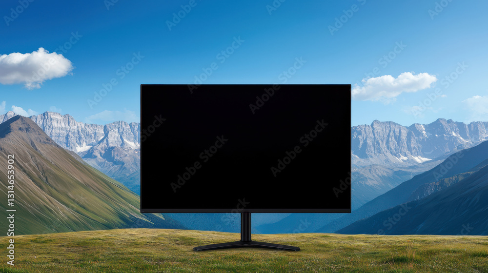 Fototapeta premium Black Monitor Screen on Grassy Hilltop Mountain Range View