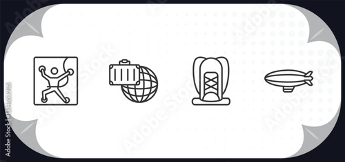 outline icons set - free time concept. climbing, traveling, hiking, airship.