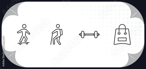 outline icons set - free time concept. skateboarding, trekking, dumbell, bags.