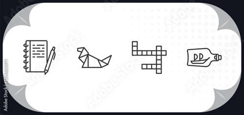 outline icons set - free time concept. write, origami, crossword, ship in a bottle.